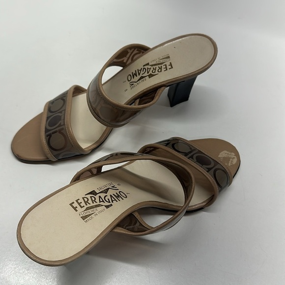 Salvatore Ferragamo High Heel Shoes Sandals Open Toe Lucite Straps Tan Size 7 B - Picture 7 of 11